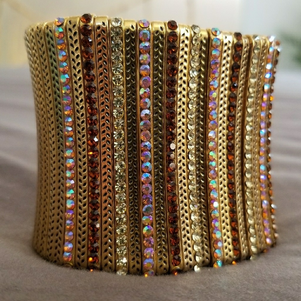 Gold crystal encrusted stretch wide bracelet